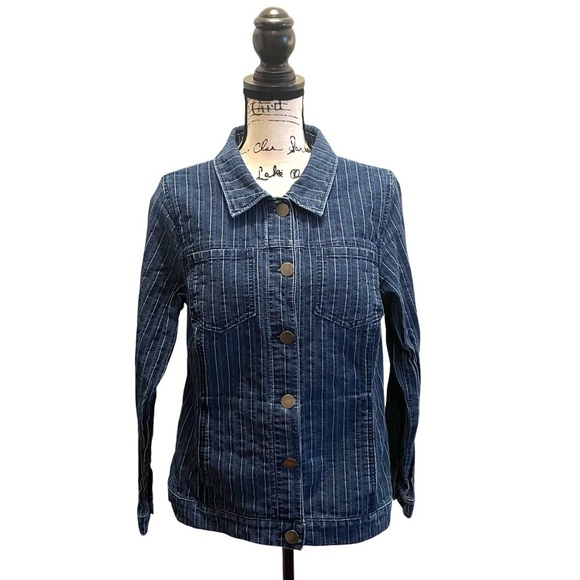 Christopher & Banks striped Denim Jean Jacket Blue Size Medium stretch Cotton - Picture 1 of 10